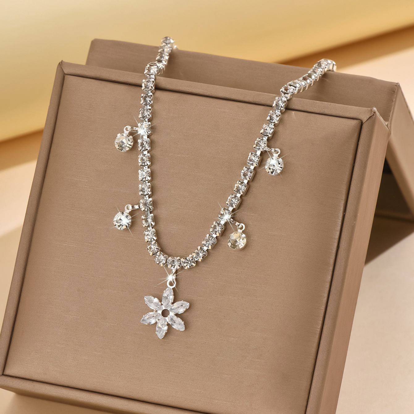 Crystal Tennis Anklet with Flower Charm and Rhinestone Drops